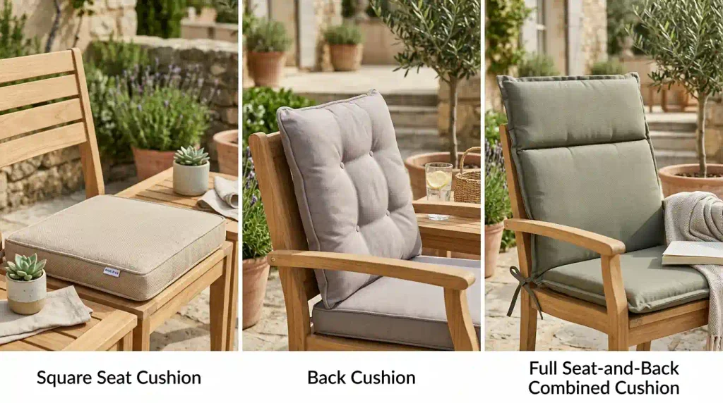 Outdoor chair cushion types image showing seat cushions, back cushions and seat-and-back cushions on patio chairs, illustrating how each cushion provides support for the seat, the back, or both areas.