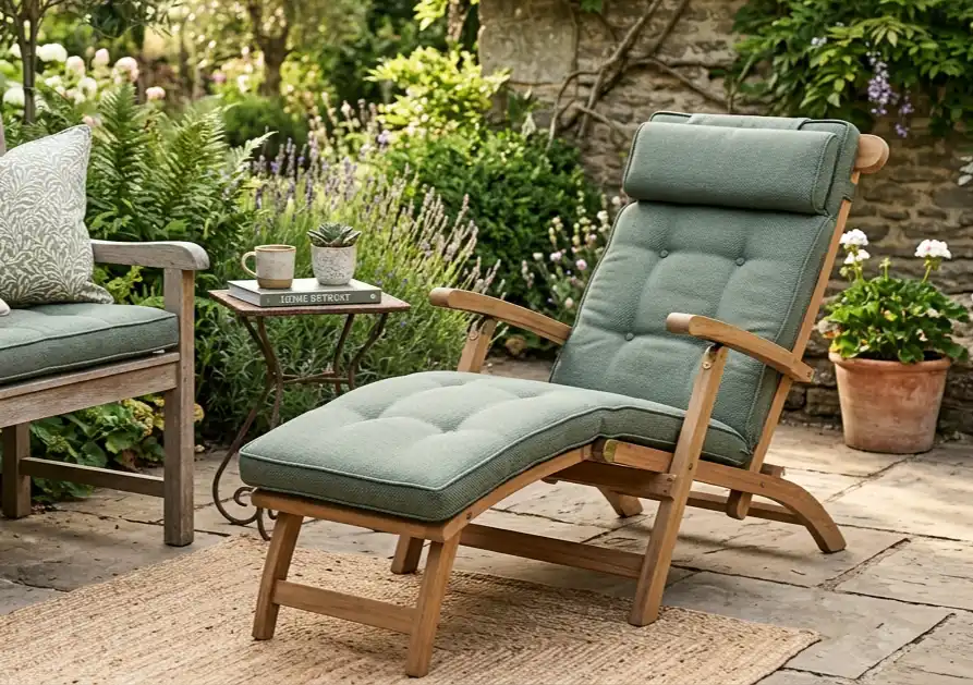 Wooden outdoor lounge chair with full seat‑and‑back sage‑green cushions in a lush cottage‑style garden patio, stone paving and surrounding flowering plants.