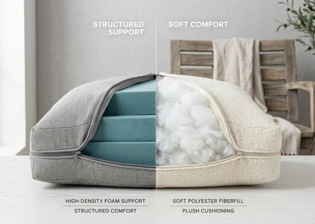 Split view of outdoor chair cushion fillings comparing high‑density foam for structured support versus soft polyester fiberfill for plush comfort, cross‑section cutaway showing two different cushion interior materials.
