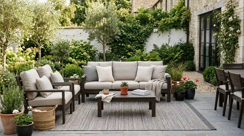 Spacious cottage‑style backyard patio set with dark wooden outdoor furniture and neutral beige weather‑resistant cushions, surrounded by lush garden plants, stone walls and potted greenery.