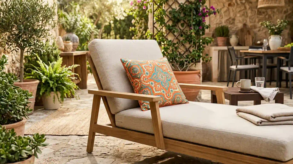 Teak wooden outdoor chaise lounge with neutral off‑white weather‑resistant seat‑and‑back cushion, decorated with colourful patterned throw pillow, Mediterranean‑style stone patio surrounded by terracotta potted plants and climbing flowers.