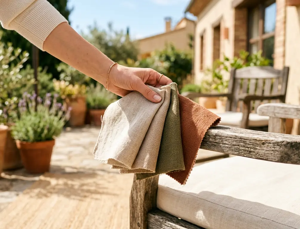 Hand holding outdoor cushion fabric swatches in neutral earth‑tone colours over wooden patio chair, selecting weather‑resistant upholstery material in sunlit Mediterranean garden.