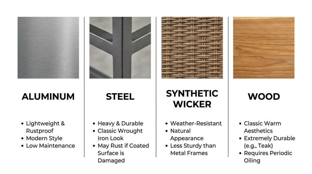 Outdoor furniture material comparison table showing aluminum, steel, synthetic wicker and wood, with potential advantages and what to consider for each material