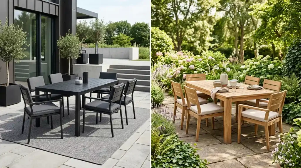 Side‑by‑side comparison of two patio dining sets: modern black metal outdoor dining furniture and natural teak wood patio dining set, displayed in different backyard garden settings.