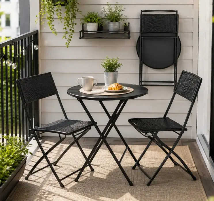 Black folding wicker patio bistro set with round table and two chairs on small urban balcony, breakfast setting with mug and croissant, wall‑mounted folded spare chair