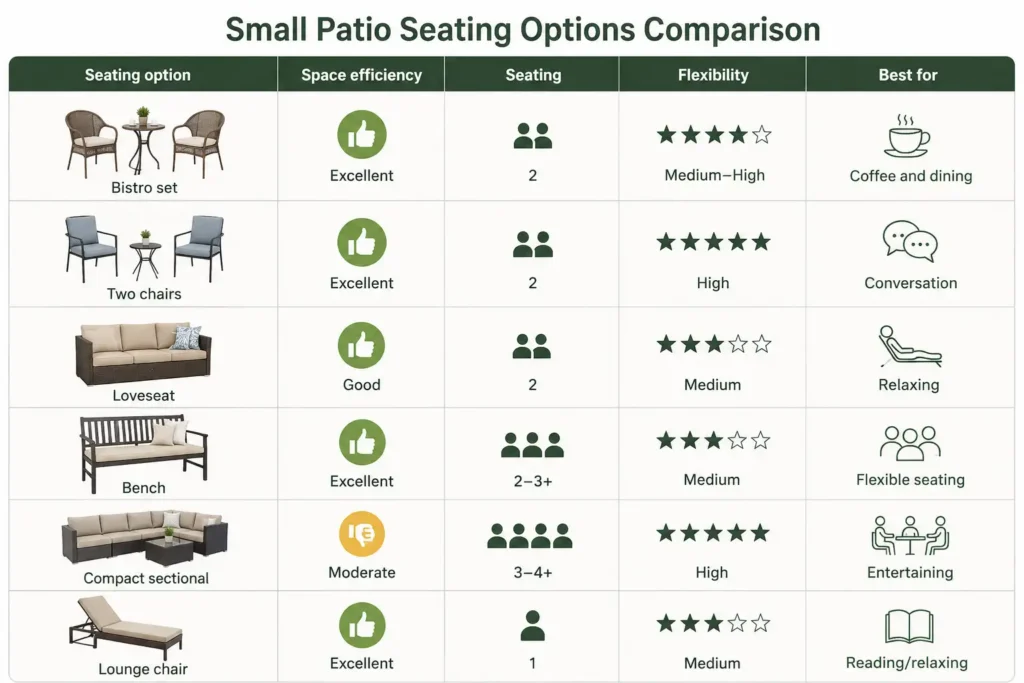 Small patio seating options comparison chart, comparing bistro set, two‑chair set, loveseat, bench, compact sectional and lounge chair by space efficiency, seating capacity, flexibility and best‑use scenarios