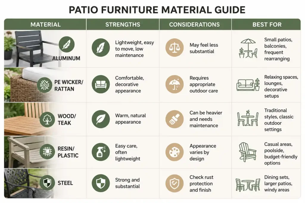 Patio furniture material guide chart comparing aluminum, PE wicker rattan, wood teak, resin plastic and steel by strengths, considerations and best uses for outdoor seating