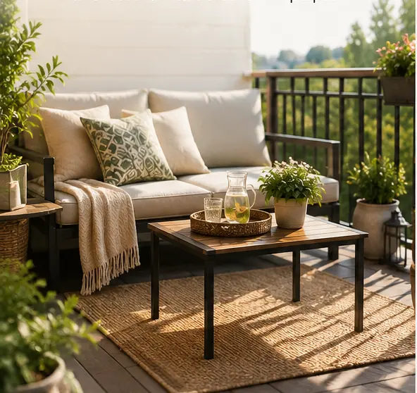 Cozy small balcony patio layout with metal‑framed outdoor sofa, wooden coffee table, jute area rug and potted green plants, bright natural daylight