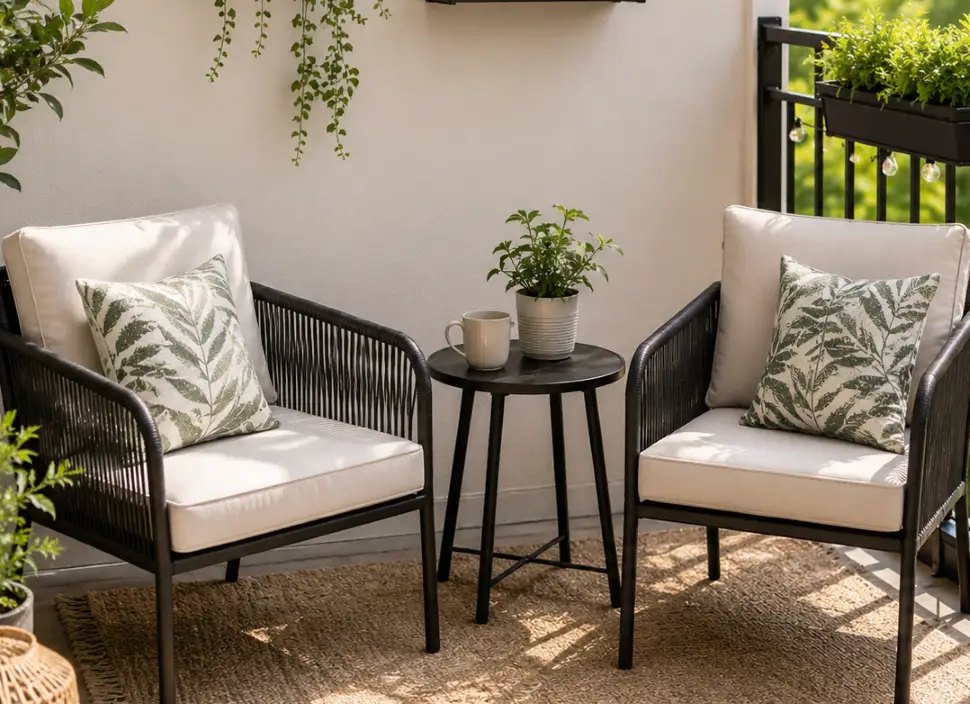 Two separate outdoor chairs with cushions and a compact side table arranged on a small balcony, creating a flexible seating area for relaxing and conversation.
