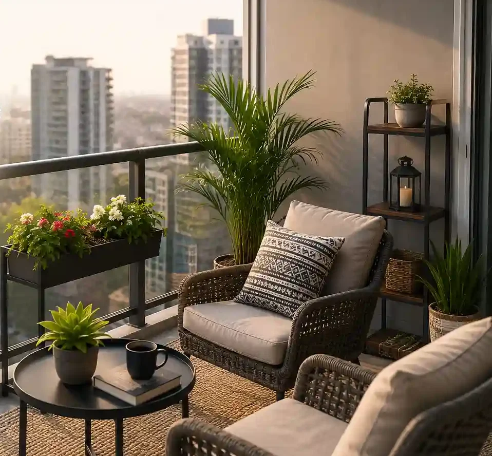 Apartment balcony furniture guide showing a comfortable, plant-filled balcony with compact outdoor seating, a small coffee table, and city views.
