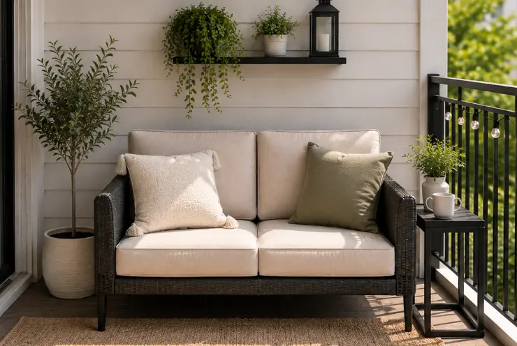 Compact outdoor loveseat on a small balcony with a narrow side table, illustrating how to measure loveseat width, depth, and clearance for comfortable movement.