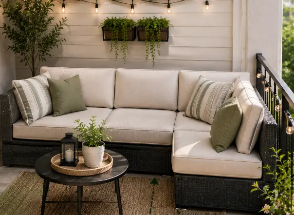 Small patio with an L-shaped outdoor sectional arranged in a corner, leaving a clear central walking path between the seating area and the doorway.