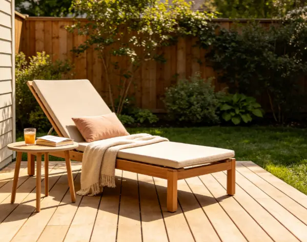 Small patio idea for one person: an adjustable lounge chair or chaise paired with a small side table, perfect for reading, relaxing and sunbathing