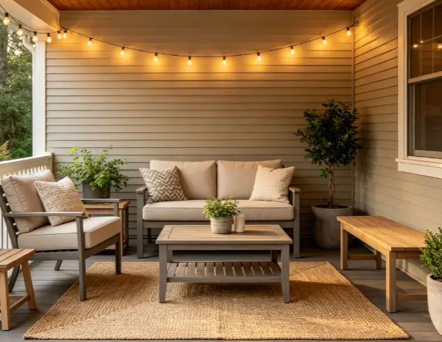 Small patio furniture idea: replace a large coffee table with a compact side table, C-shaped table or garden stool to save space and keep the center walkway clear
