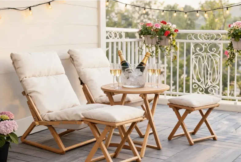 Small balcony patio with two wooden folding lounge chairs, small round bistro table, foot stools, string lights and flower planters for casual outdoor entertaining