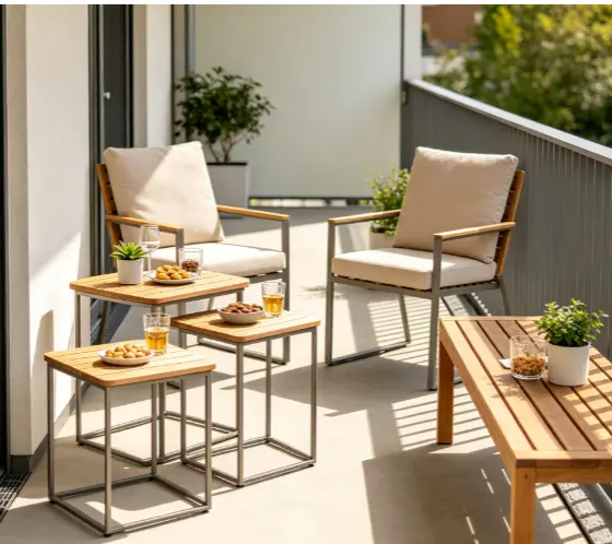 Small patio with nesting tables stacked beside outdoor seating, showing flexible furniture for everyday use and occasional guests