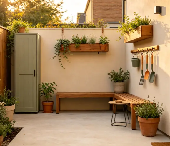 Narrow patio with vertical shelving and wall-mounted storage holding plants, lanterns and gardening tools, keeping the floor space clear