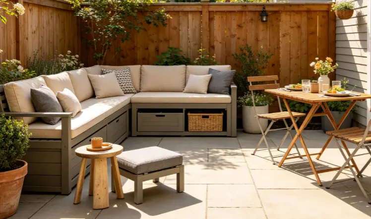 Small patio with multi-purpose furniture including a storage bench, garden stool and folding dining table, saving space by serving more than one function