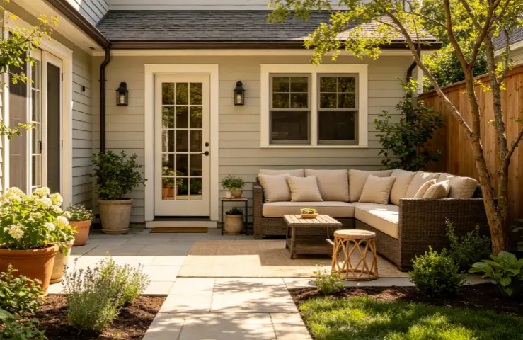 Small patio with a clear walking path from the door to the seating area, furniture arranged along the edges instead of filling every corner