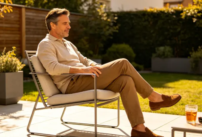 Stylish but uncomfortable patio chair in direct afternoon sun, showing thin cushion, hard seat and poor back support