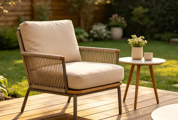 Hard patio seat upgraded with a thick supportive outdoor cushion for hip and thigh pressure relief