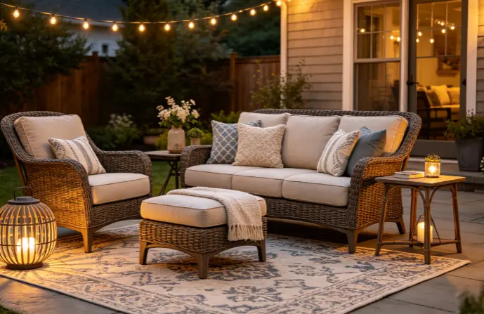 Patio seating area with ottoman, footrest, side table, outdoor rug and warm lighting