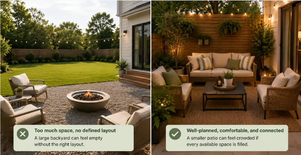 Split-scene comparison of outdoor lounge layouts, showing a spacious backyard that feels empty without a defined layout and a smaller patio arranged with comfortable seating, plants, lighting, and an open, functional design.