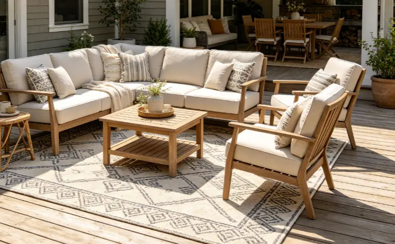 Outdoor patio lounge area with a neutral outdoor rug defining the seating zone, chairs and table arranged comfortably on or around the rug