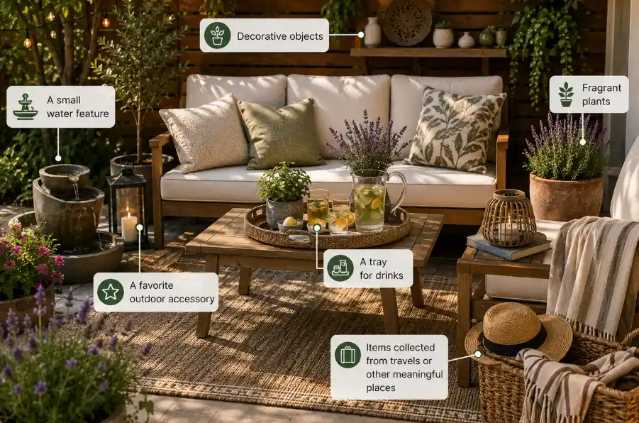 Personalized outdoor lounge area with decorative accessories, a small water feature, fragrant plants, a drink tray, favorite outdoor accents, and meaningful travel keepsakes.