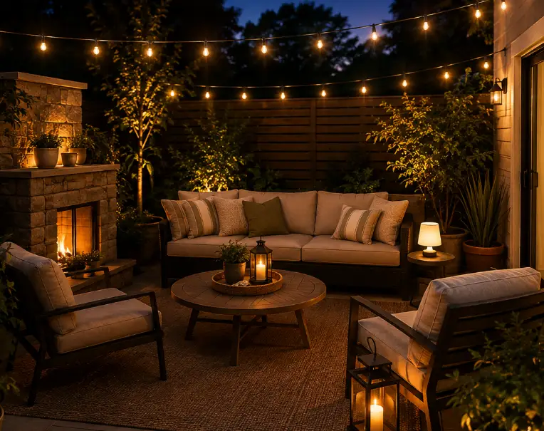 Cozy outdoor lounge at dusk illuminated with layered lighting, including string lights, ambient lighting, accent lights, lanterns, and table lamps to create a warm atmosphere and safe evening visibility.