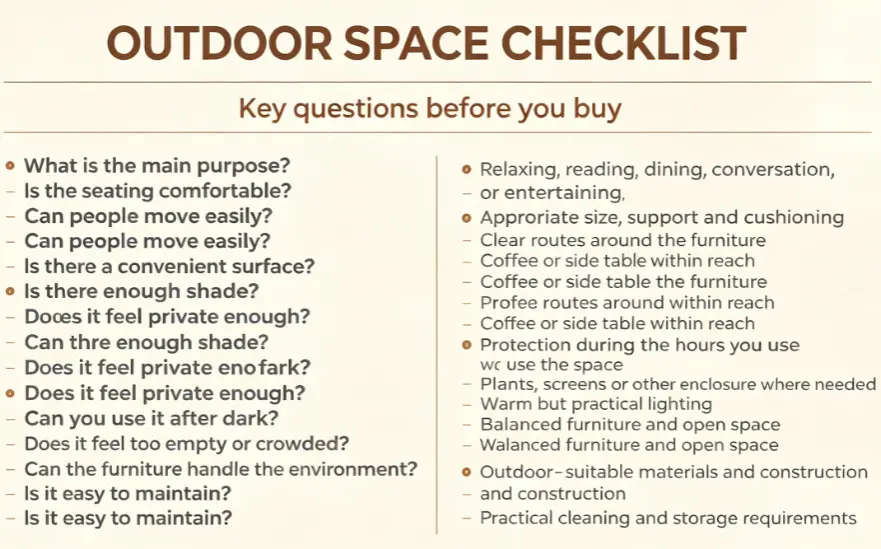 Outdoor space checklist blog image with large readable text: purpose, seating comfort, movement paths, side tables, shade, privacy, lighting, layout balance, weather-resistant materials and maintenance