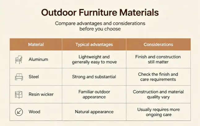 Outdoor furniture material comparison blog image: aluminum, steel, resin wicker and wood with advantages and care considerations