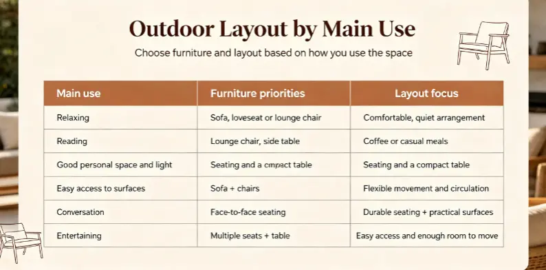 Outdoor layout by main use blog image: relaxing, reading, casual meals, conversation, entertaining and family time with furniture priorities and layout focus