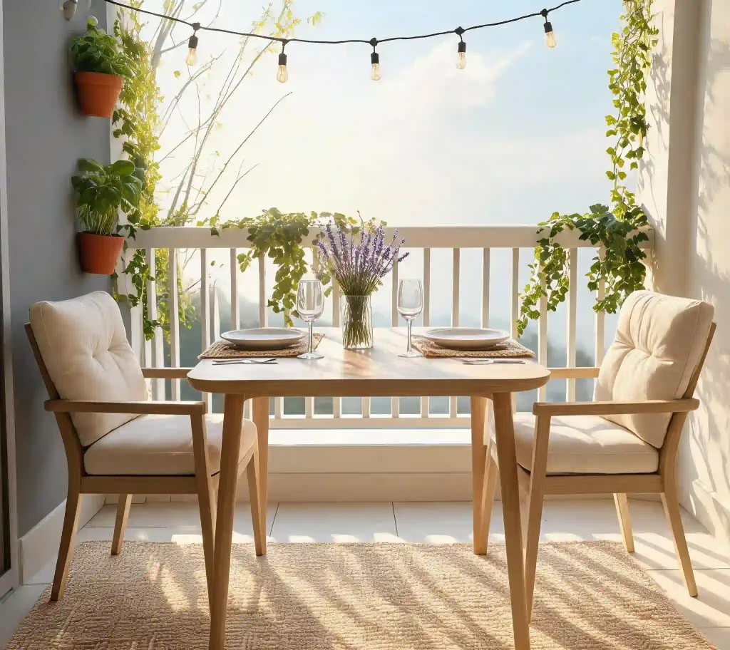 Bright modern balcony outdoor dining setup with wooden table, cushioned armchairs, string lights, potted green plants, mountain view, European‑style patio furniture