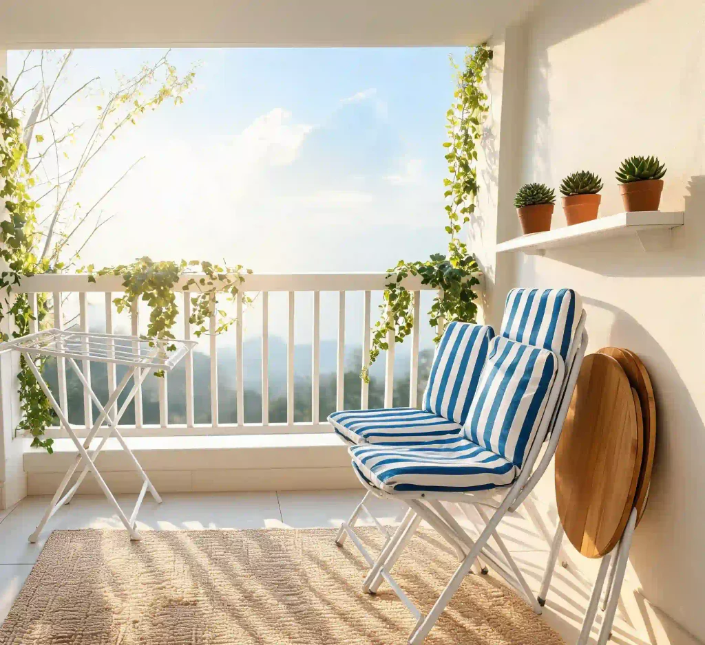 Sunny balcony with foldable stackable patio chairs, stored round table tops, wall‑mounted succulent plants, ivy railing decor, practical flexible rental‑friendly outdoor furniture