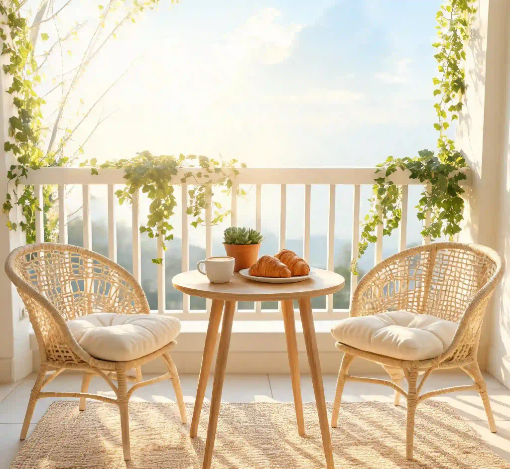 Light‑filled bistro‑style balcony for morning coffee, compact round wooden table, two rattan chairs with cushions, coffee cup and croissant breakfast, ivy‑covered balcony railing