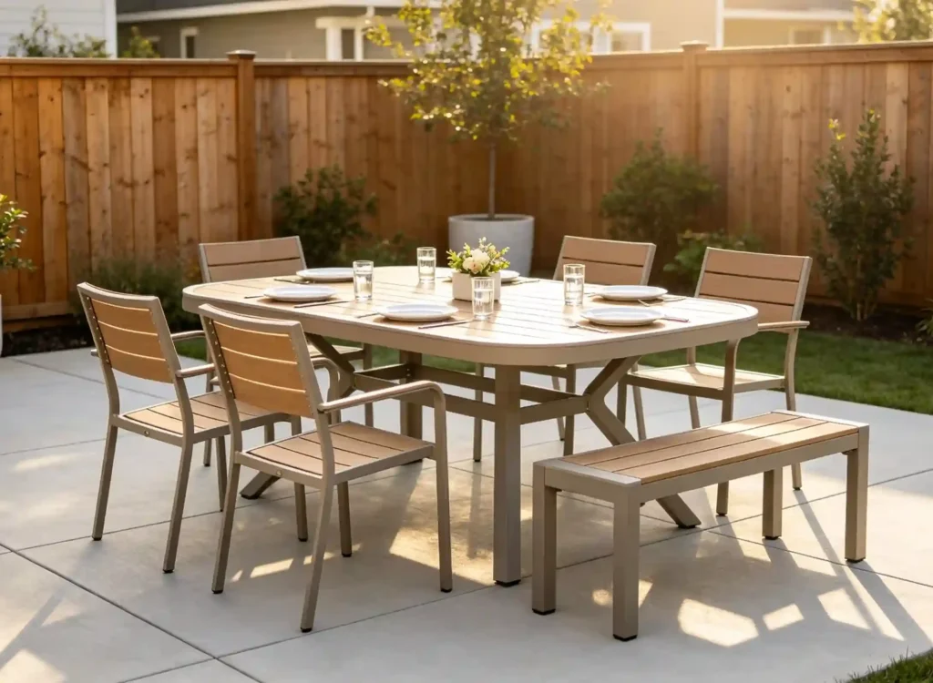 Medium-sized European-style patio with a 4–6 person outdoor dining set, including a rectangular table and chairs, arranged to leave clear circulation space and room for additional activities.