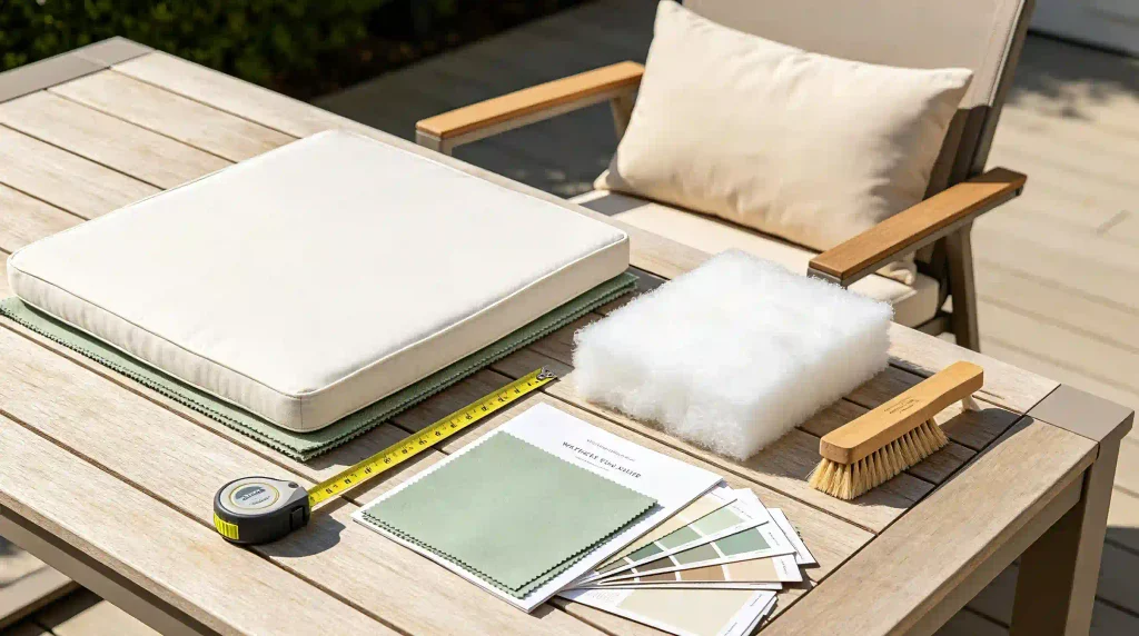 Outdoor chair cushion selection blog image showing patio chairs, measuring tape, cushion samples, outdoor fabric, filling materials and weather icons, representing fit, comfort, fabric, filling and weather resistance.