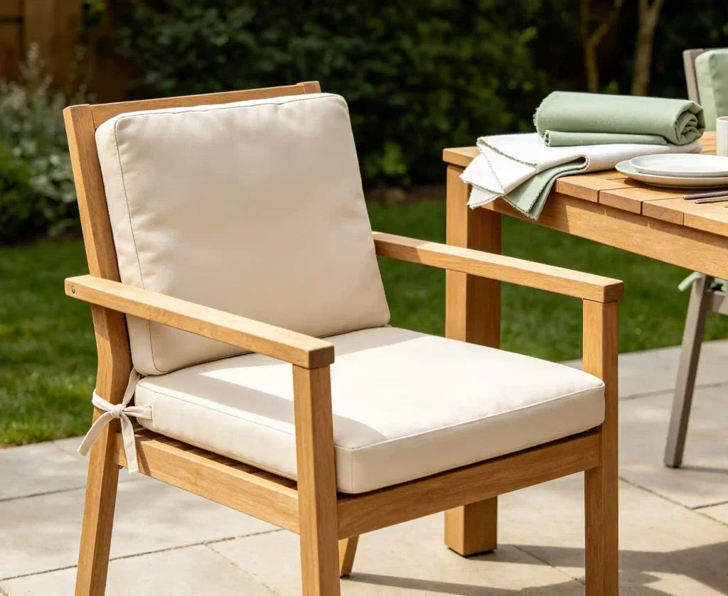 Outdoor dining chairs with structured beige cushions arranged around a wooden patio table, illustrating stable support, secure fit, easy cleaning and durable cushioning for outdoor dining.