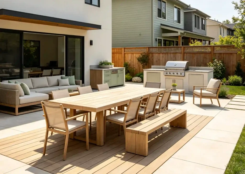 Large European-style patio with a 6–8+ person dining set, additional lounge seating, a grill area, plants, storage, and clear walking space arranged across a spacious outdoor patio.