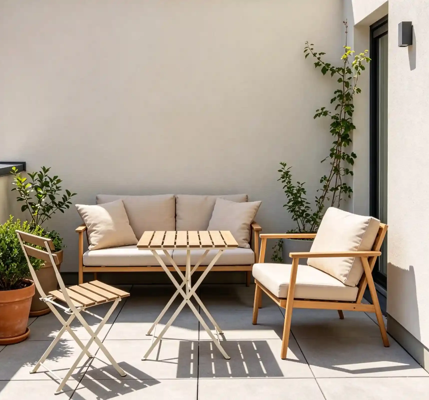 Small urban patio with a compact 2–4 person seating arrangement, including a loveseat, folding table, wooden chair, and potted plants, designed to keep clear walkway space in a limited outdoor area.