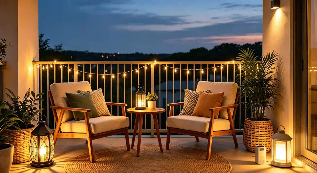 Evening balcony comfort lighting blog image with warm string lights, outdoor lanterns, battery-powered lights, cozy seating, plants, and soft sunset ambiance