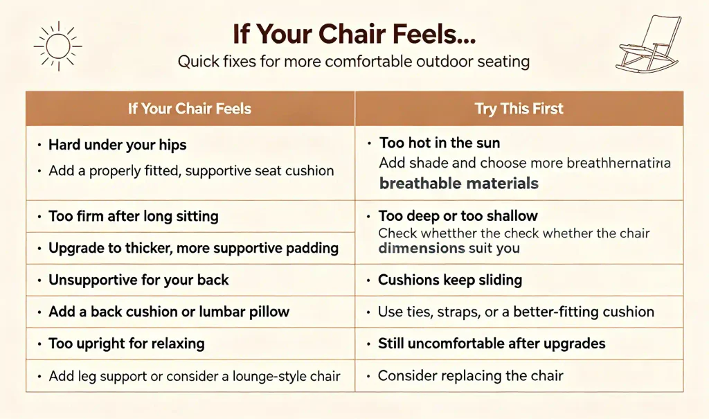 Outdoor chair comfort troubleshooting blog image: hard hips, firm seating, back support, upright angle, depth, heat, sliding cushions and replacement tips