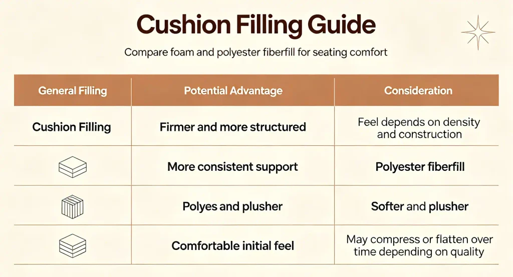 Cushion filling comparison blog image: foam versus polyester fiberfill, including general feel, potential advantage and consideration