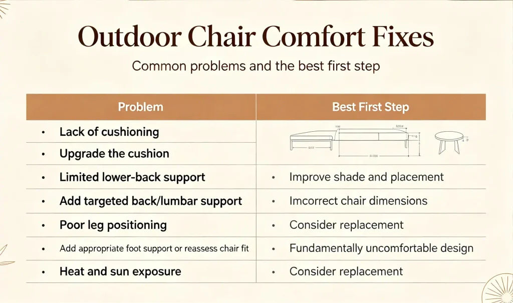Outdoor chair comfort fixes blog image: cushioning, lower-back support, leg positioning, sun exposure, dimensions and design problems with recommended first steps