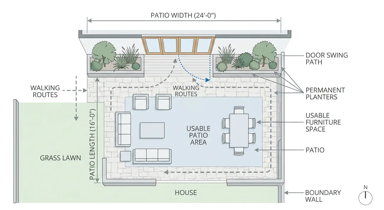 Top‑down patio measurement infographic diagram, marking usable patio furniture space, patio width & length, door swing path, walking routes, permanent planters, house and boundary wall for outdoor furniture layout planning.