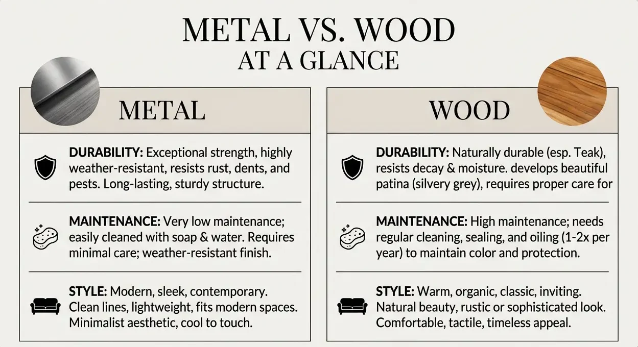 Metal vs. wood outdoor dining sets comparison table covering durability, weather resistance, maintenance, comfort, weight, appearance, portability and long-term value
