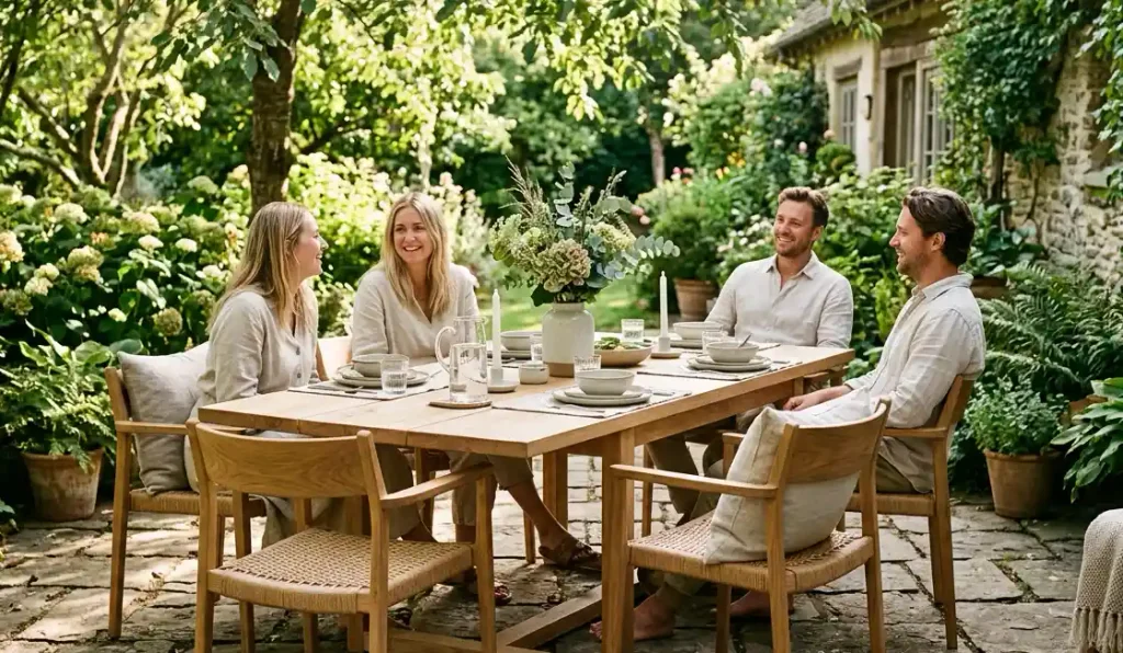 Group of friends dining outdoors at solid‑wood patio dining set, relaxed garden gathering on stone patio surrounded by lush green plants and blooming flowers, cozy backyard entertainment scene.