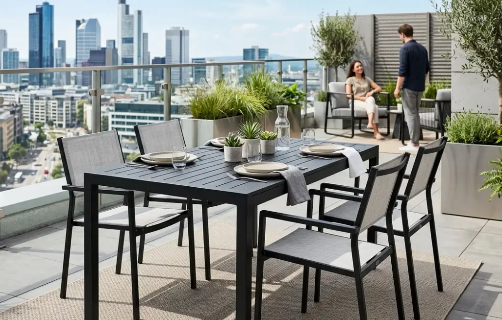 Modern black metal patio dining set arranged on high‑rise city rooftop terrace, urban balcony outdoor furniture with city skyline background, people relaxing in city outdoor living space.