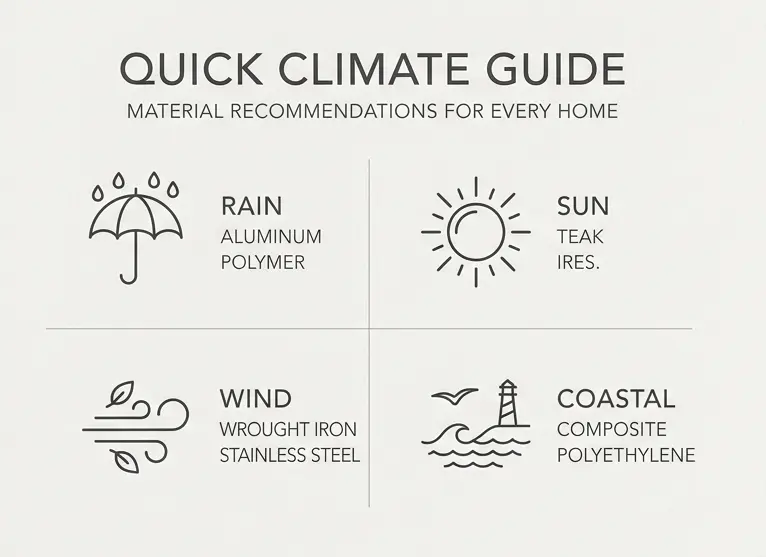 Quick climate guide infographic for outdoor furniture, material recommendations for rain, sun, wind and coastal environments with simple line icons, patio material selection reference chart.
